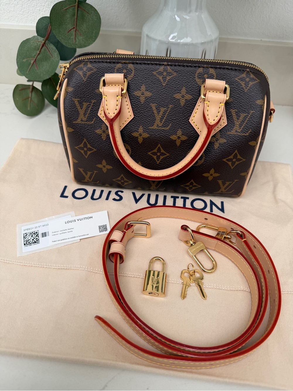 New! Louis Vuitton Speedy 20 Monogram Canvas with LV Adjustable Vachetta Strap